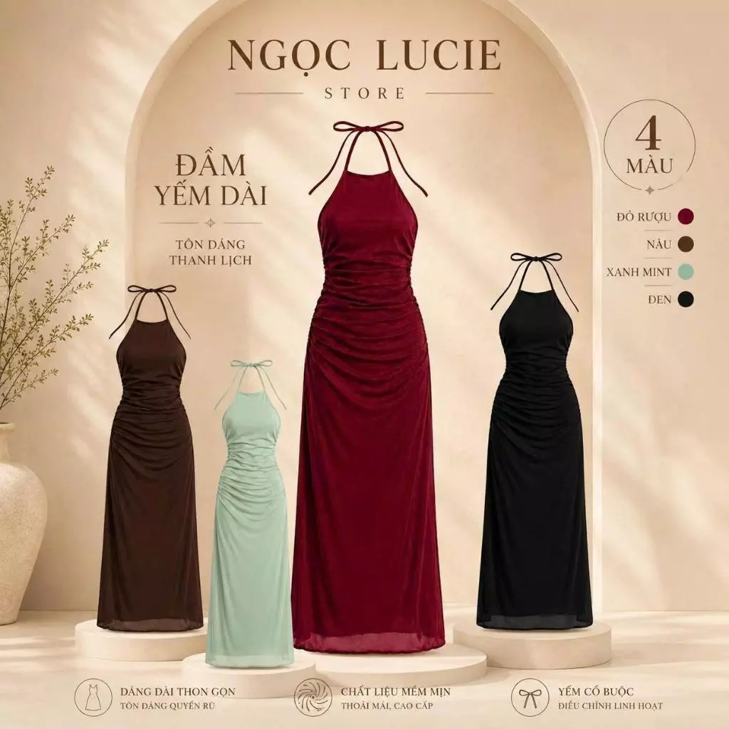 D1122 - Đầm Maxi Cổ Yếm Nhún Eo Thắt Nơ Sang Trọng Ngọc Lucie