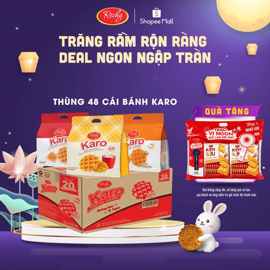 [TẶNG QUÀ ĐƠN TỪ 250K] Thùng 48 bánh trứng tươi - chà bông Karo Richy 26g/gói, bánh kẹo Richy back to school