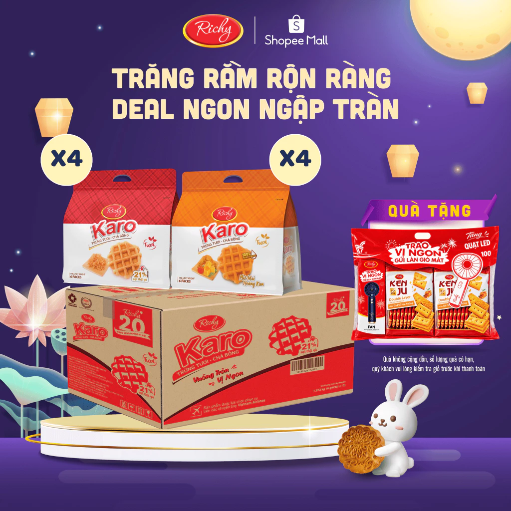 [TẶNG QUÀ ĐƠN TỪ 250K]Combo 8 bịch Bánh Karo chà bông sợi gà, Bánh tươi, Bánh kẹo Richy