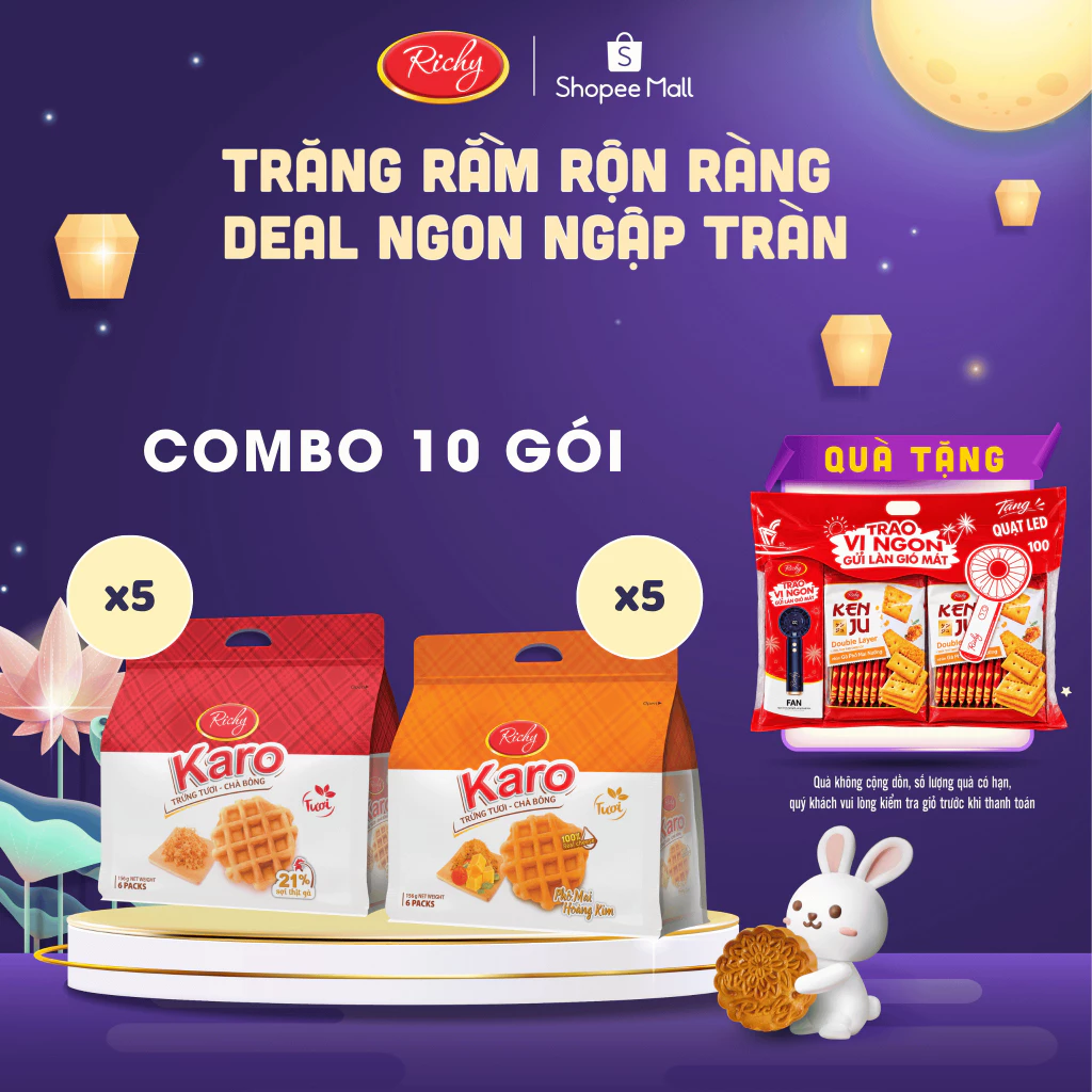 [TẶNG  QUÀ ĐƠN 250K]  Combo 10 Bịch Bánh Richy trứng tươi Karo chà bông sợi gà, phô mai hoàng kim back to school