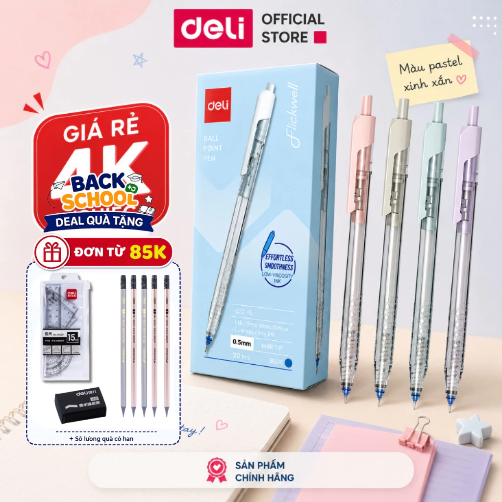 [🔥25/9 TẶNG COMBO QUÀ] Combo 5/10/20 Bút Bi Deli EQ32 Màu Pastel Ngòi 0.5mm Mực Xanh Cho Học Sinh Sinh Viên Văn Phòng