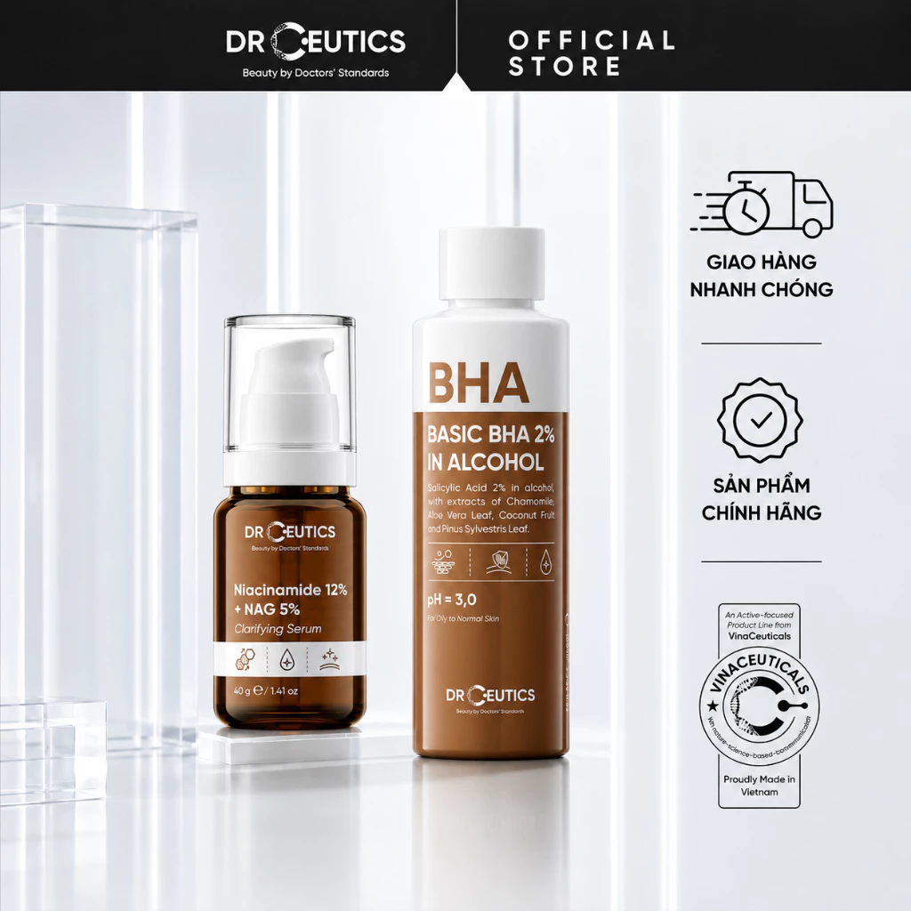 DRCEUTICS Chu Trình Dưỡng Sáng, Kiểm Soát Dầu Thừa Basic BHA 2% In Alcohol 100ml Và Niacinamide 12% + NAG 5% 40g