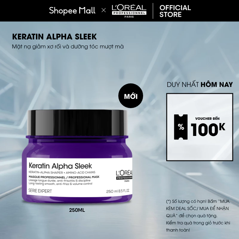 Mặt nạ giảm xơ rối và dưỡng tóc mượt mà SERIE EXPERT KERATIN ALPHA SLEEK PROFESSIONAL MASK 250ML