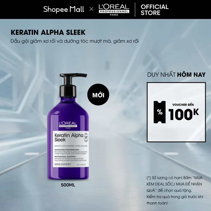 Dầu gội giảm xơ rối, dưỡng tóc mượt L'ORÉAL PROFESSIONNEL SERIE EXPERT KERATIN ALPHA SLEEK PROFESSIONAL SHAMPOO 500ml