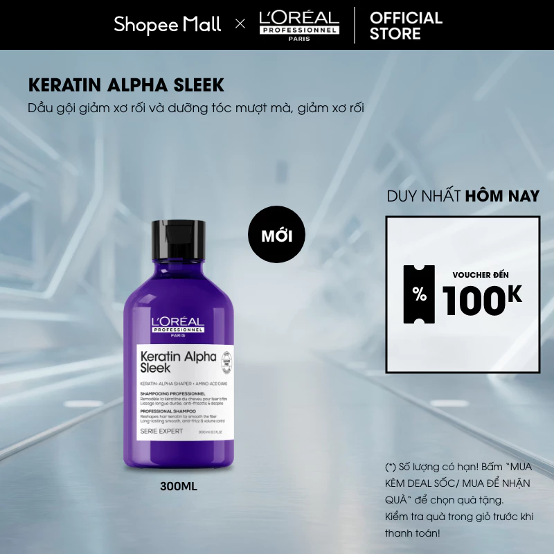 Dầu gội giảm xơ rối, dưỡng tóc mượt L'ORÉAL PROFESSIONNEL SERIE EXPERT KERATIN ALPHA SLEEK PROFESSIONAL SHAMPOO 300ML