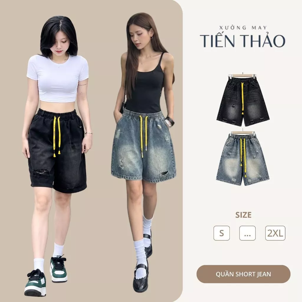 [Q01] Quần Lửng Jean Nữ Chun Co Giãn, Quần Short Ngố Lửng Dây Vàng Ống Rộng Có Dây Rút Cao Cấp Có Bigsize