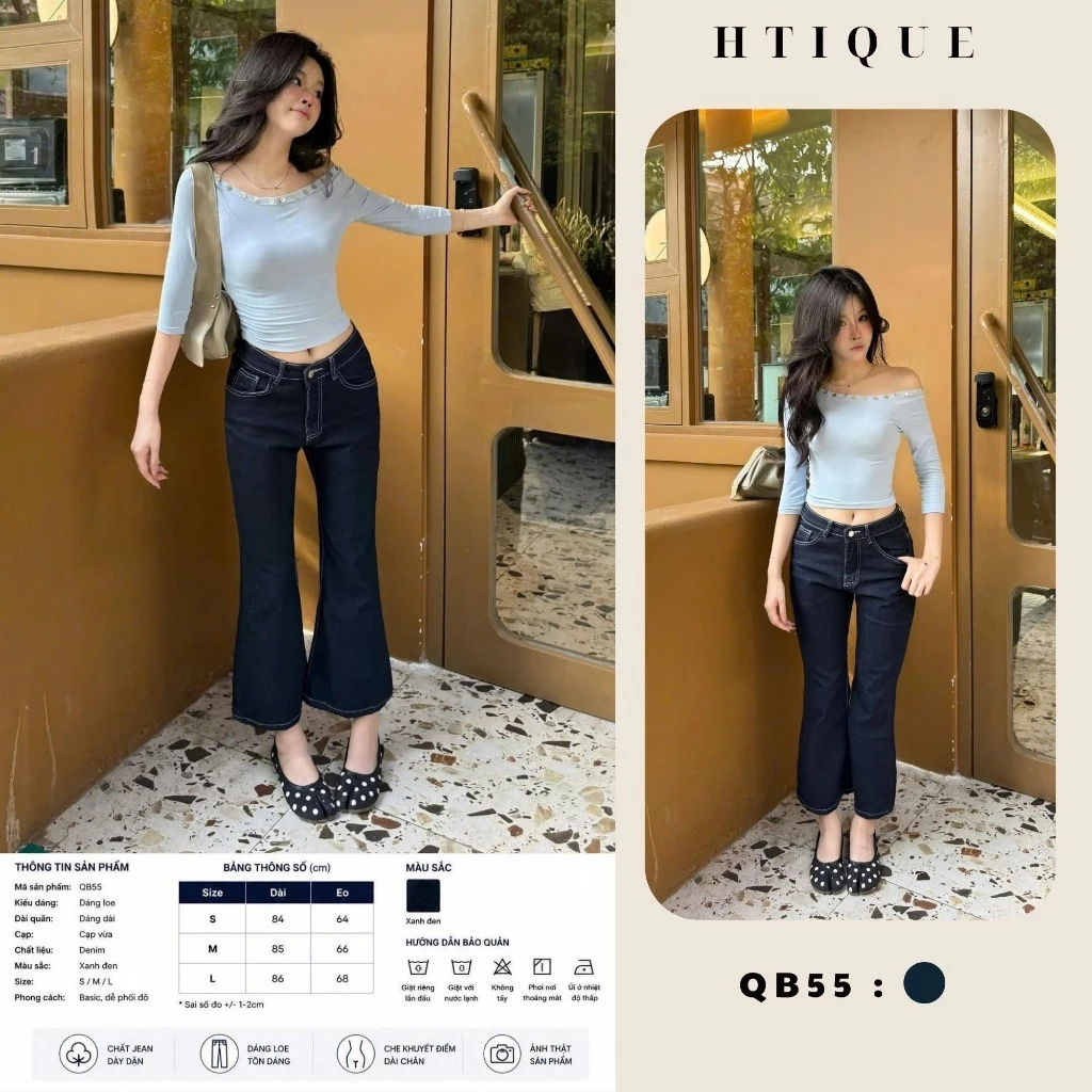HTIQUE - DEAL mở bán Quần Jean Nữ Dáng Lửng Cạp Giữa Ống Loe, Quần Jean Ống Loe Màu Xanh Đen Thiết Kế Tối Giản QB55