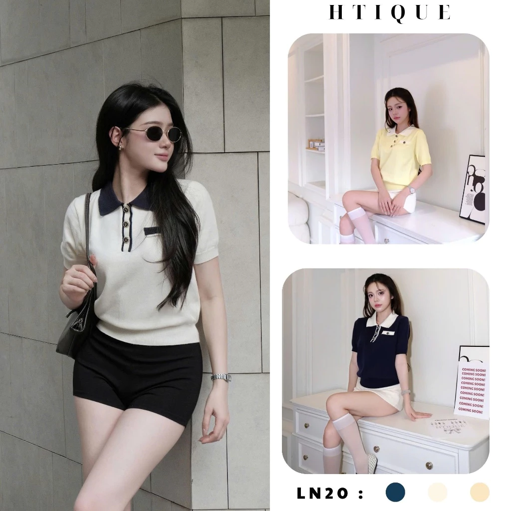(BACK TO SCHOOL) HTIQUE - Mở Bán Áo Len Dệt Kim Nữ Cổ Đức Phối Màu Tương Phản, Áo Len Polo Khuy Kim Loại điểm nhấn LN20
