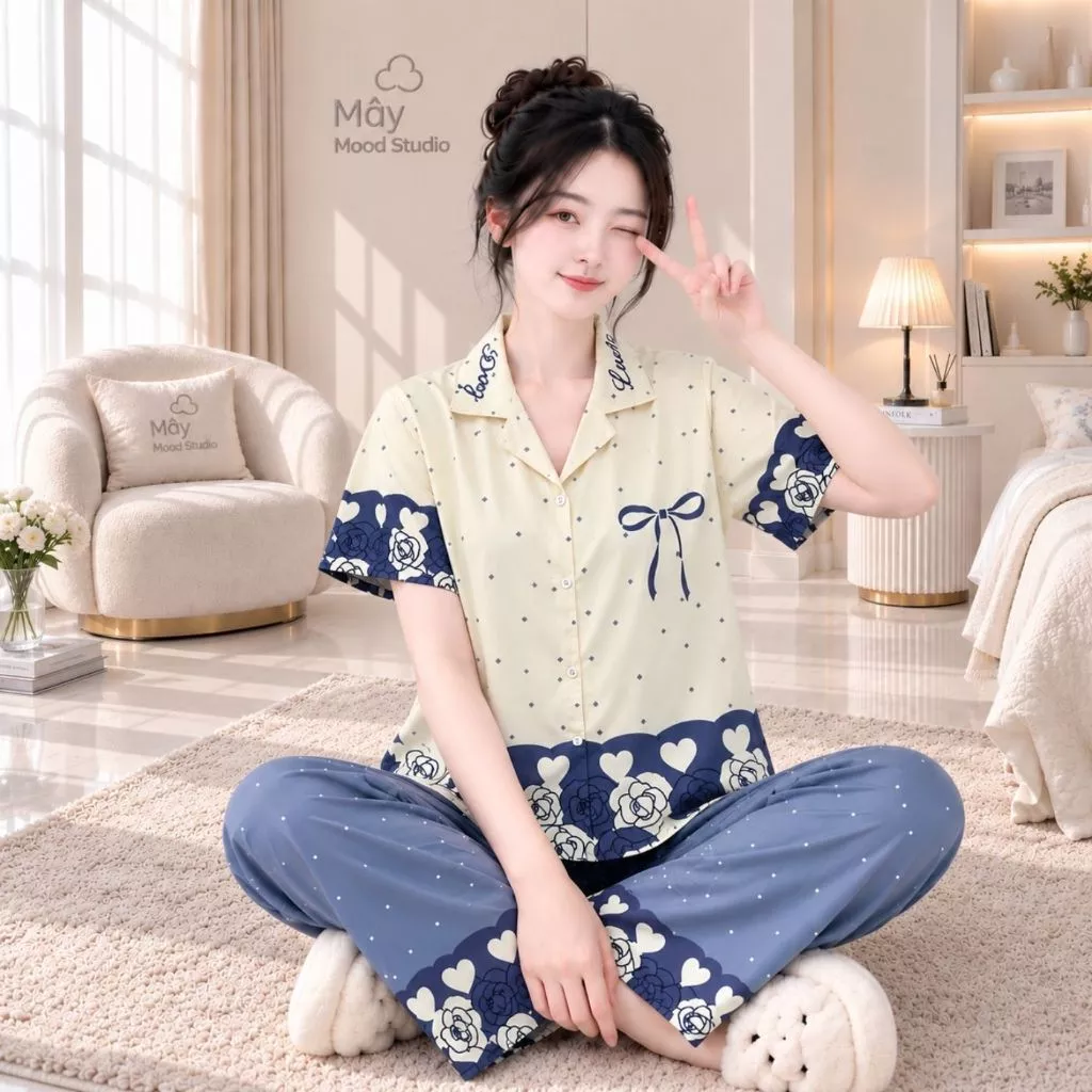 Đồ Ngủ Nữ Pyjama Lụa Cát Tay Ngắn Quần Dài Cổ Bẻ Họa Tiết Hoa – Mây Mood Studio