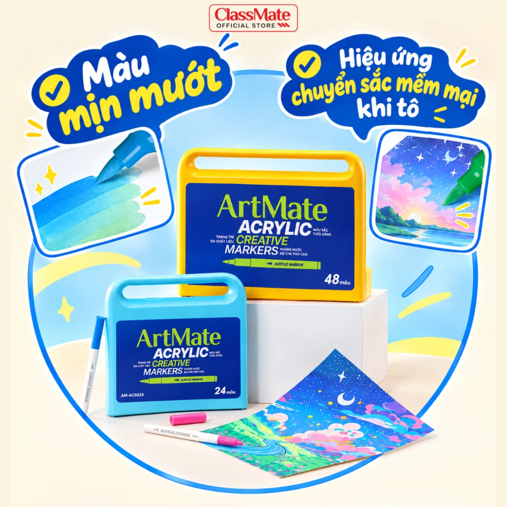 Màu Acrylic Marker ClassMate 24/48 Màu Tươi Sáng, Chống Thấm Nước, Chồng Được Màu, Màu Vẽ Trên Mọi Chất Liệu, Blend Tốt