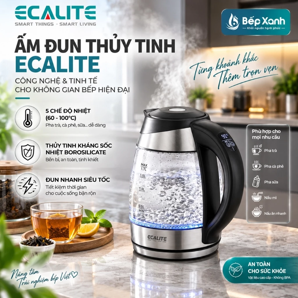 [HỎA TỐC HCM] ẤM ĐUN SIÊU TỐC 1.8L ECALITE EK-G1812 – ĐUN NHANH - TÙY CHỈNH NHIỆT ĐỘ ĐUN - ĐÈN LED HIỂN THỊ
