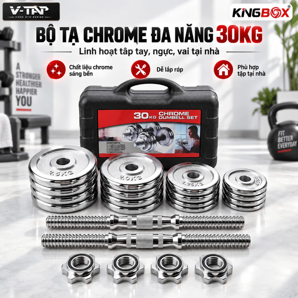 Bộ tạ tay đa năng, Tạ tập gym tại nhà điều chỉnh cân nặng Kingbox - 30kg - Chất liệu gang mạ niken