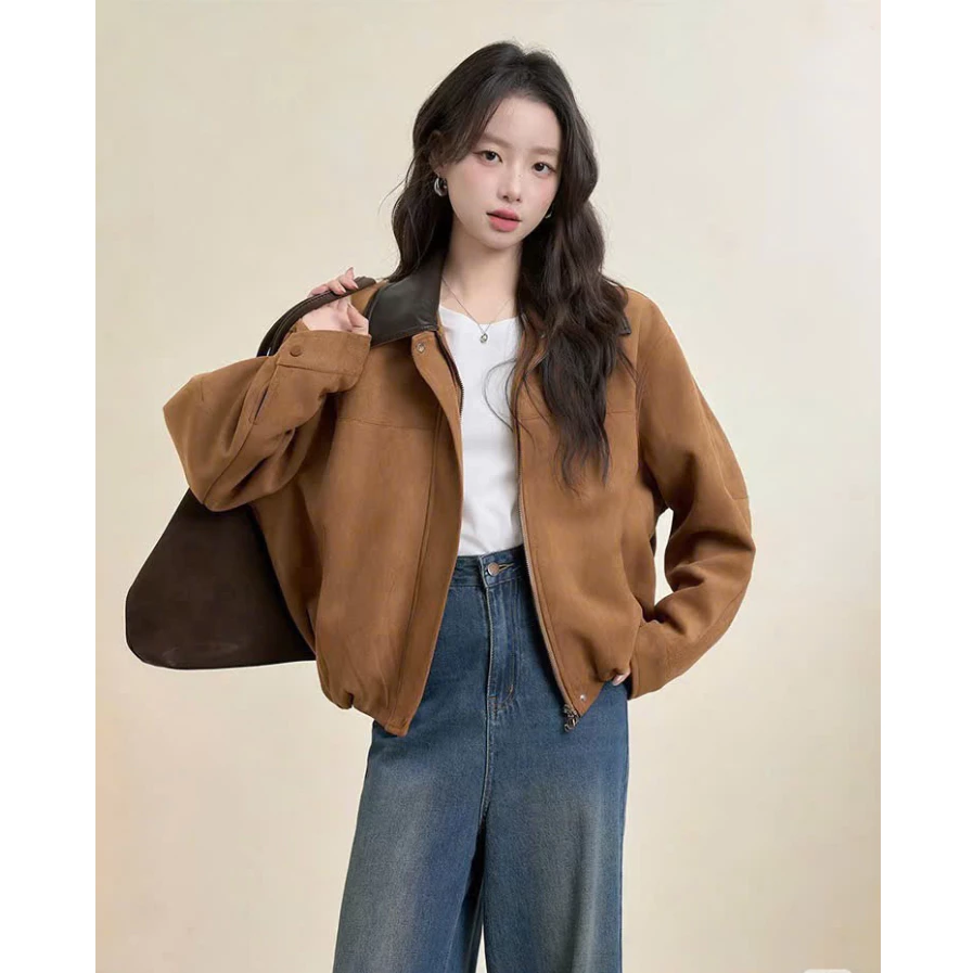 Áo khoác da lộn phối cổ da form croptop phong cách cá tính chất liệu da cao cấp, Áo khoác bomber da lộn