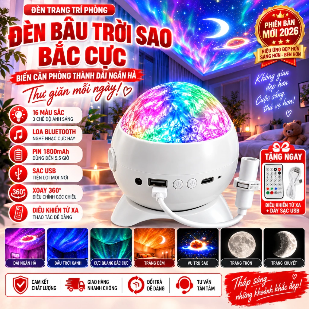 Đèn STARRY Bầu Trời Sao Bắc Cực Galaxy 16 Màu đèn ngủ, Loa Bluetooth, điều khiển, Đèn Chiếu Sao Trang Trí Phòng Ngủ