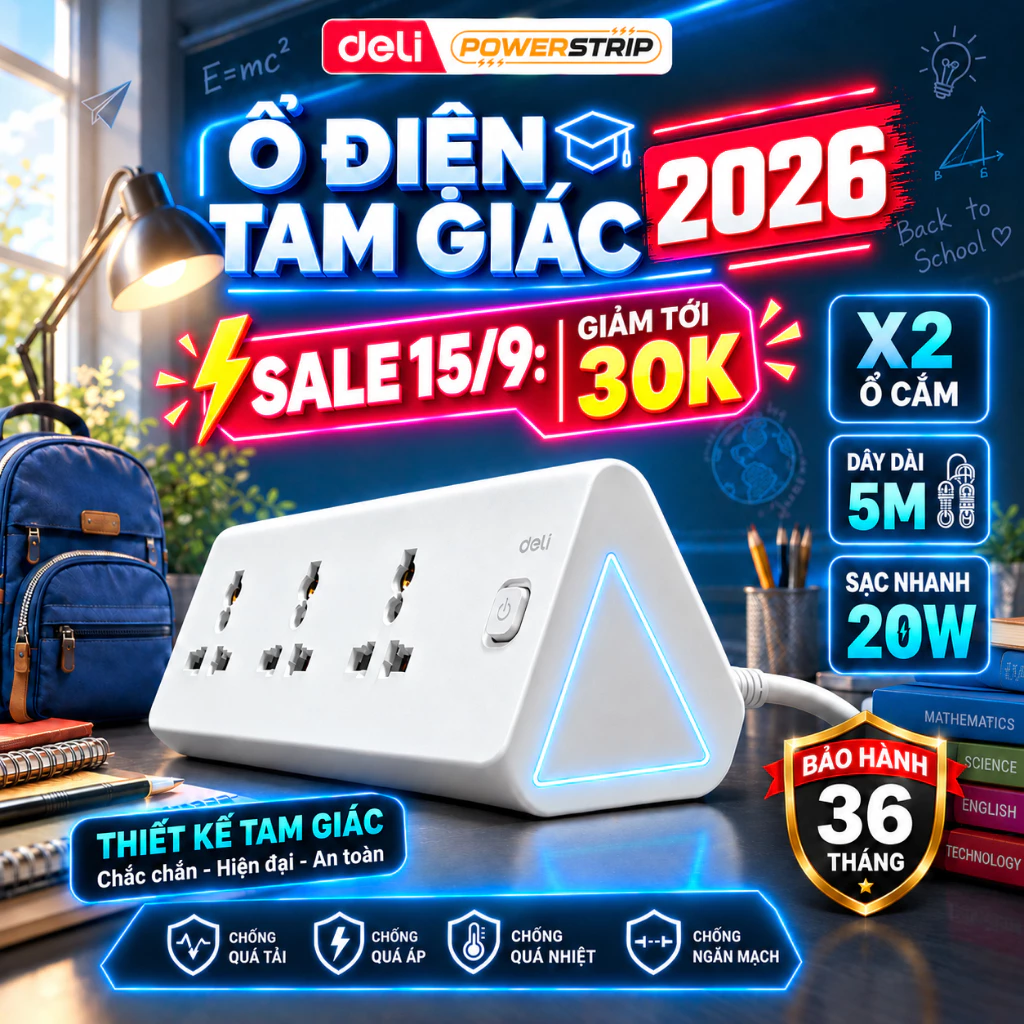 [BÁN CHẠY] Ổ Điện Đa Năng Deli, Ổ Cắm Tam Giác Tích Hợp USB và TypeC, Cổng Sạc Nhanh PD 20W Thông Minh