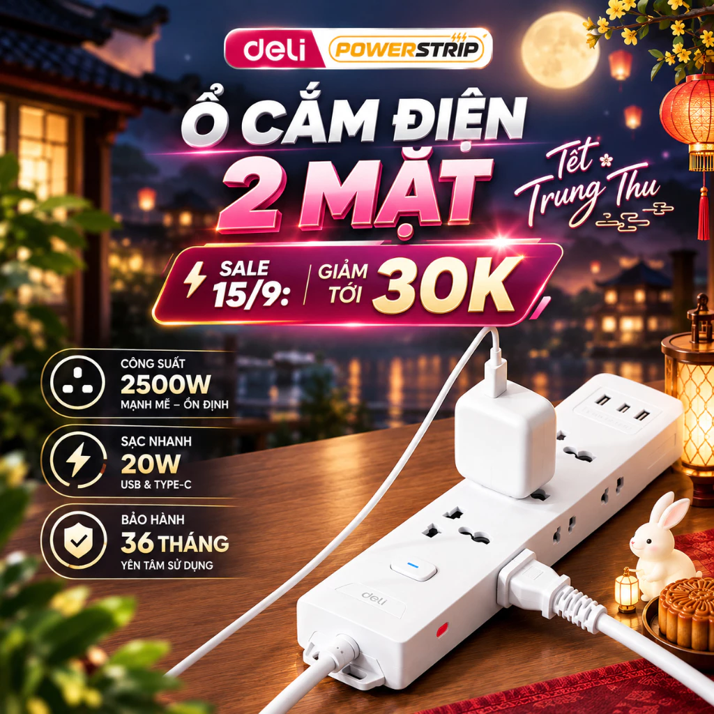 [GIÁ SỐC 15/9🔥] Ổ Cắm Điện 2 Mặt DELI, Ổ Cắm Điện Tam Giác Đa Năng Kết Hợp Cổng USB Sạc Nhanh 2026