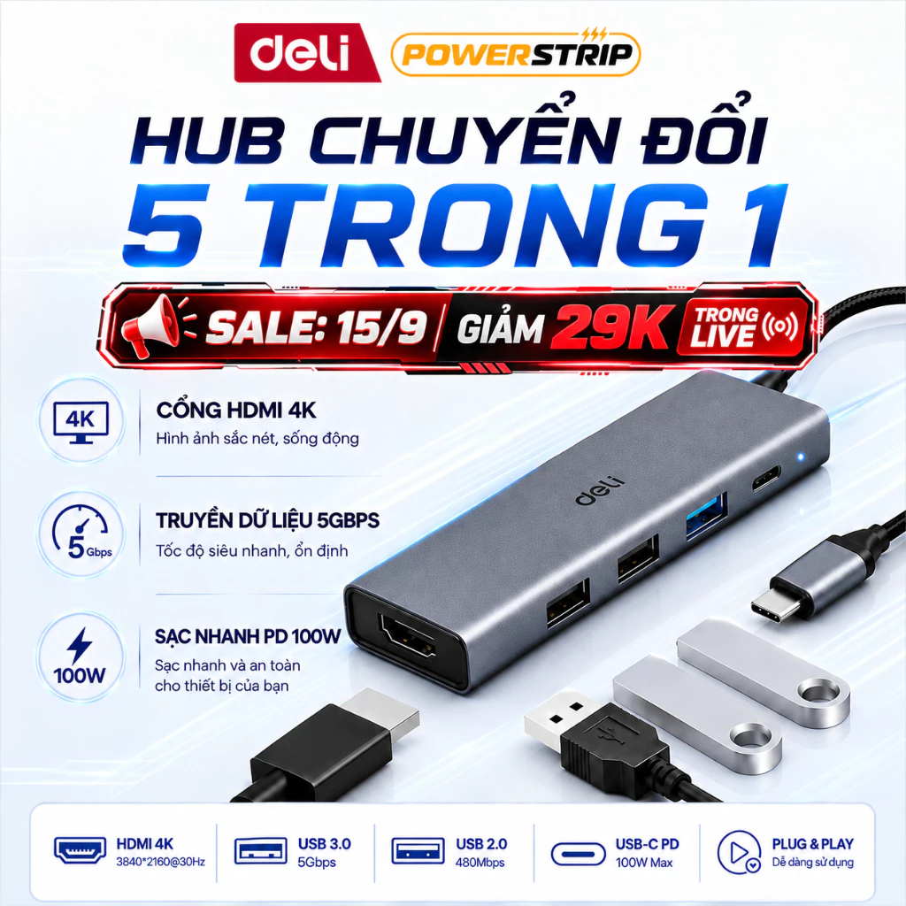[NEW] HUB Chuyển Đổi DELI USB C HDMI 4K, Bộ Chuyển Đổi Đa Cổng 5 Trong 1 Type C Sang HDMI Cho Máy Tính, Laptop, PC