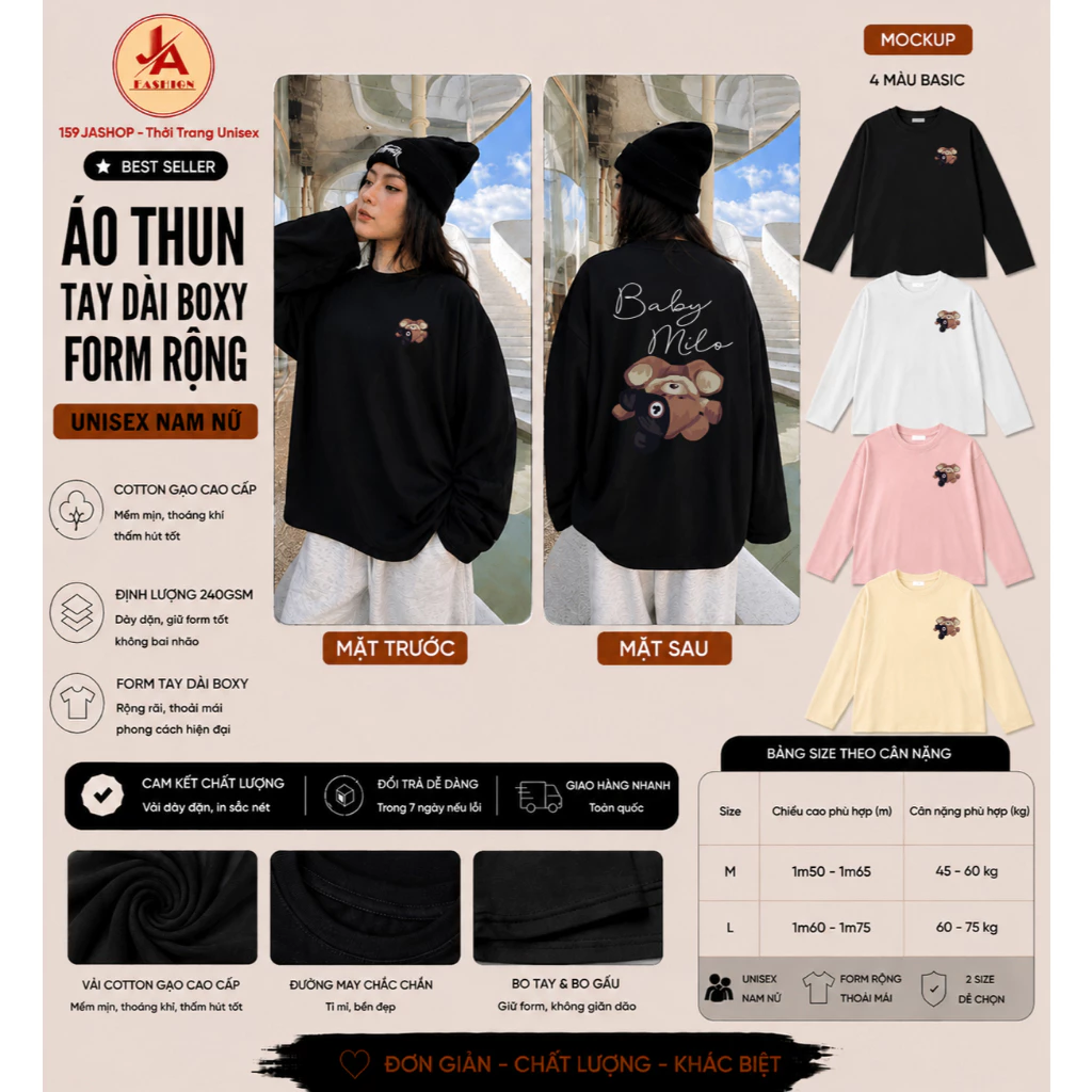 Áo thun tay dài boxy nam nữ form rộng in hình gấu BABY MILO  chất cotton gạo giấy L1 cao cấp mềm thoáng mát