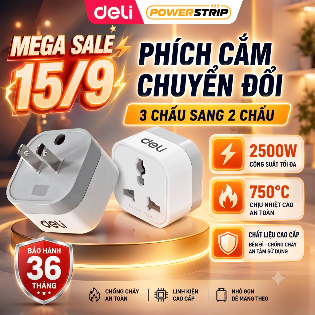 [MUA 3 GIẢM 30%] Phích Cắm Chuyển Đổi Deli, Ổ Cắm Chuyển Đổi Từ 3 Chấu Sang 2 Chấu Chuyển Đổi Đầu Sạc Cho Laptop
