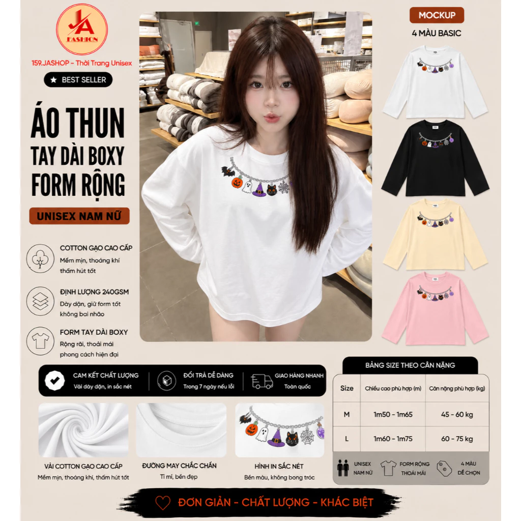 Áo Thun Tay Dài Boxy Form Rộng Unisex Nam Nữ Cotton Gạo 240GSM In Hình Halloween Cá Tính