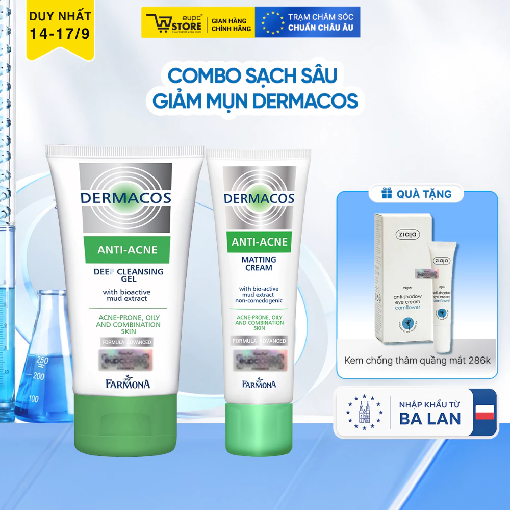 Combo Gel Rửa Mặt & Kem Giảm Bóng Nhờn Dermacos Làm Sạch Sâu, Hỗ Trợ Kiểm Soát Dầu & Cải Thiện Tình Trạng Mụn