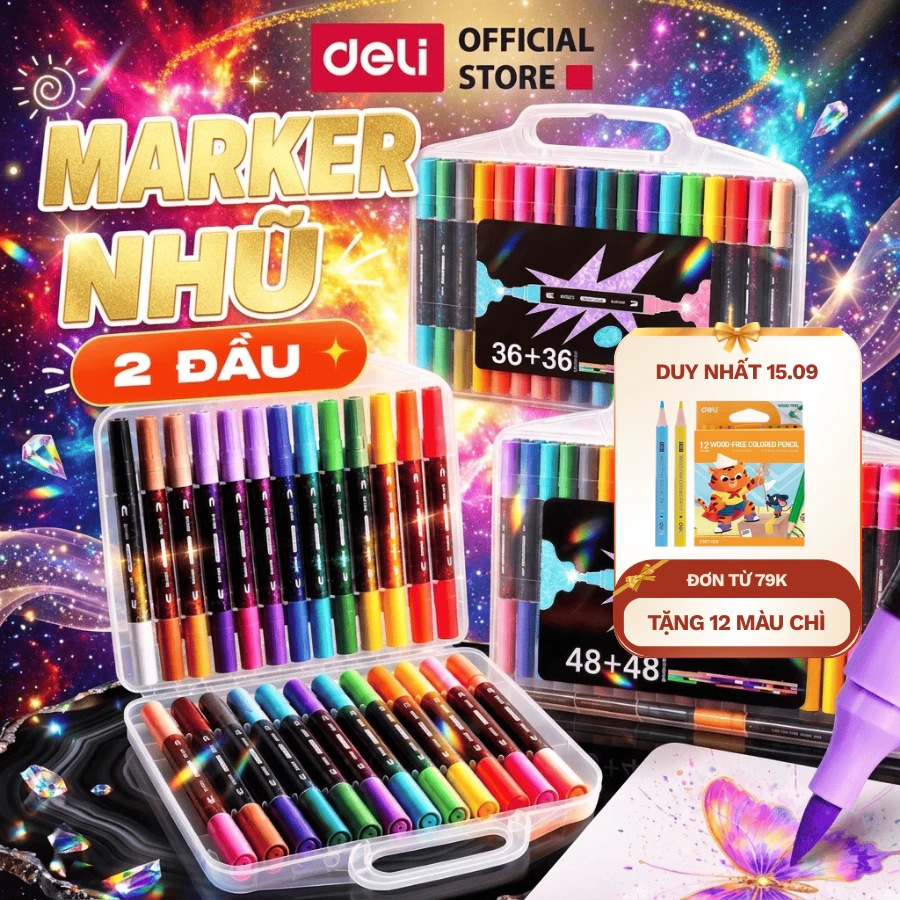 [HÀNG MỚI VỀ] Màu Marker Nhũ Hai Đầu Thân Tròn Hộp PP Deli - Bộ 48 Bút 96 Màu Hộp Maker Nhũ Lấp Lánh VẽTranh