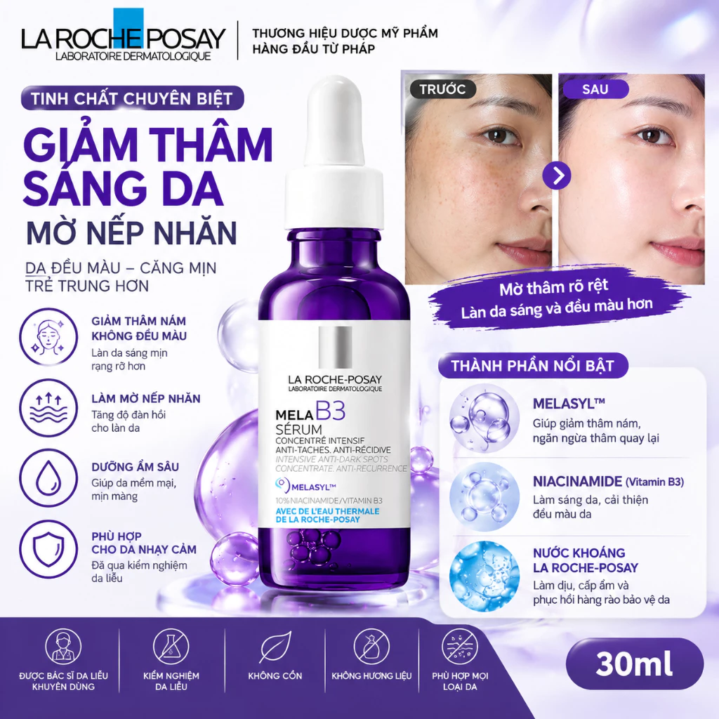 Giảm thâm nám, sáng da, dịu da La Roche-Posay MELA B3 Serum Giây Tím 30ml