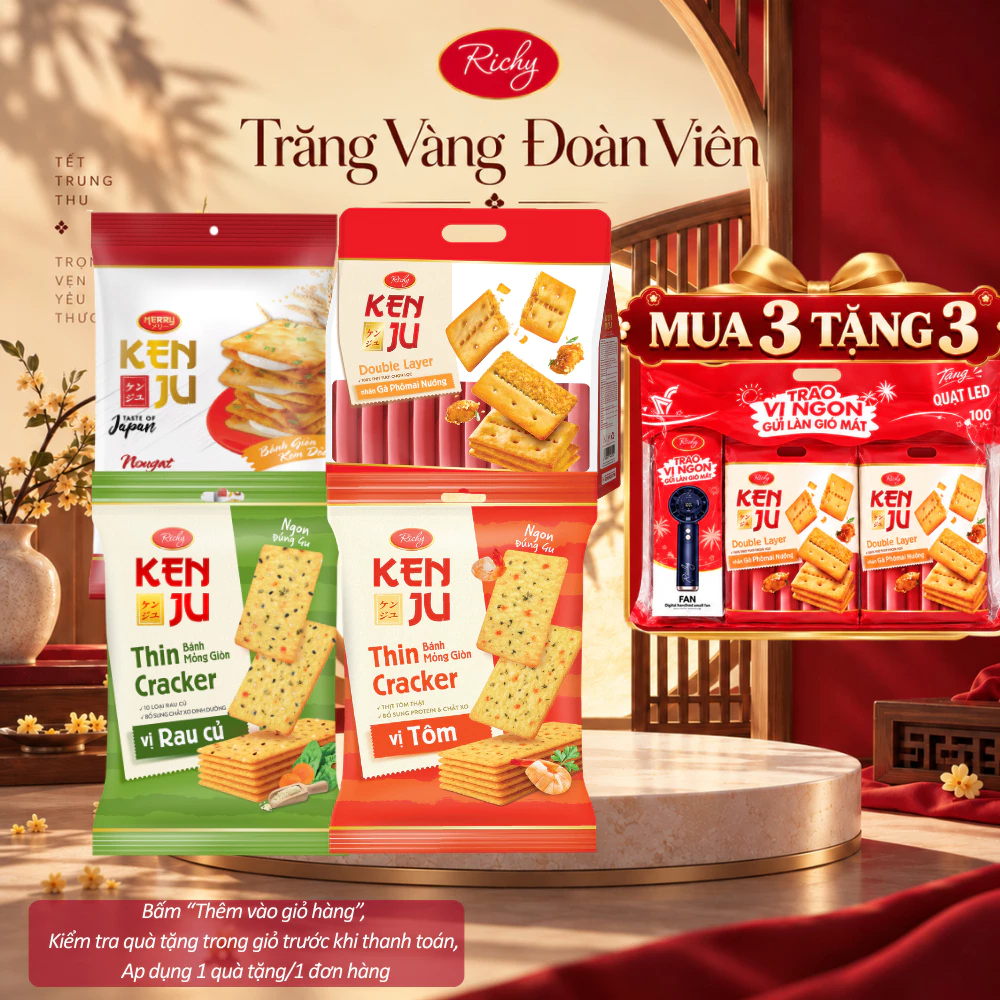 [HOẢ TỐC HN] [TẶNG 3 QUÀ] Combo 4 Túi Bánh Quy Richy Kenju Mix Vị: Kenju 2 Lớp [MỚI], Kem Dẻo, Rau Củ & Tôm