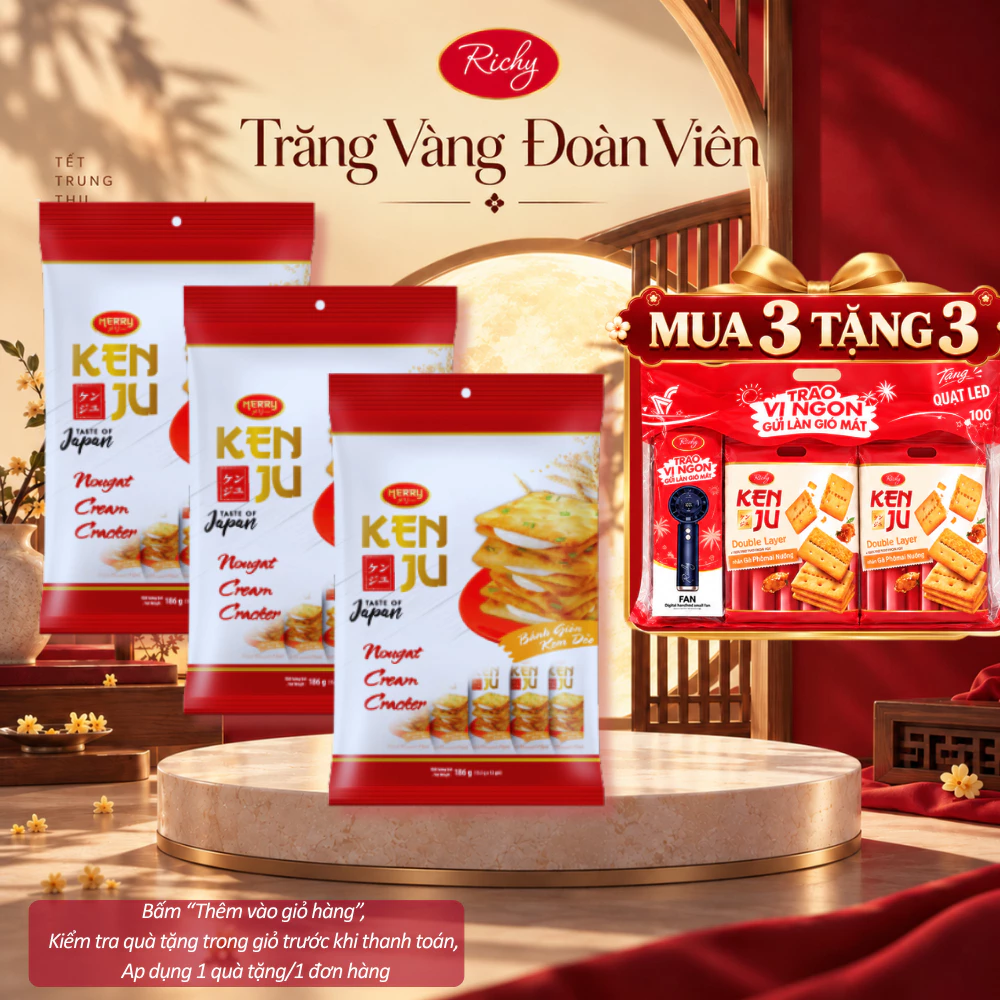 [HỎA TỐC HN] [TẶNG 3 QUÀ] Combo 3 Túi Bánh Richy Kenju Kem Dẻo 186gr Nhân Nougat Hành Kéo Sợi