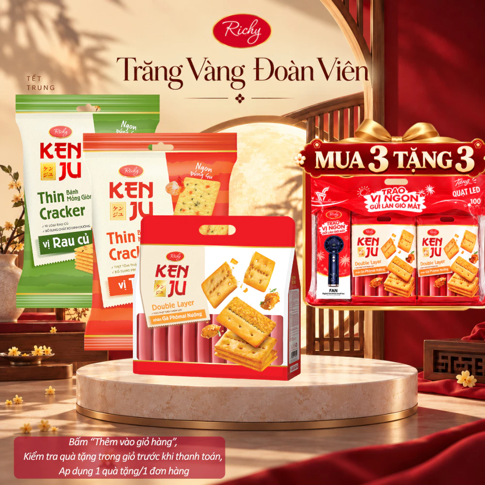 [HỎA TỐC HN] [TẶNG 3 QUÀ] Combo 3 túi bánh quy mỏng giòn Kenju Richy Vị Rau Củ, Tôm & Kenju 2 Lớp Nhân Gà Nướng