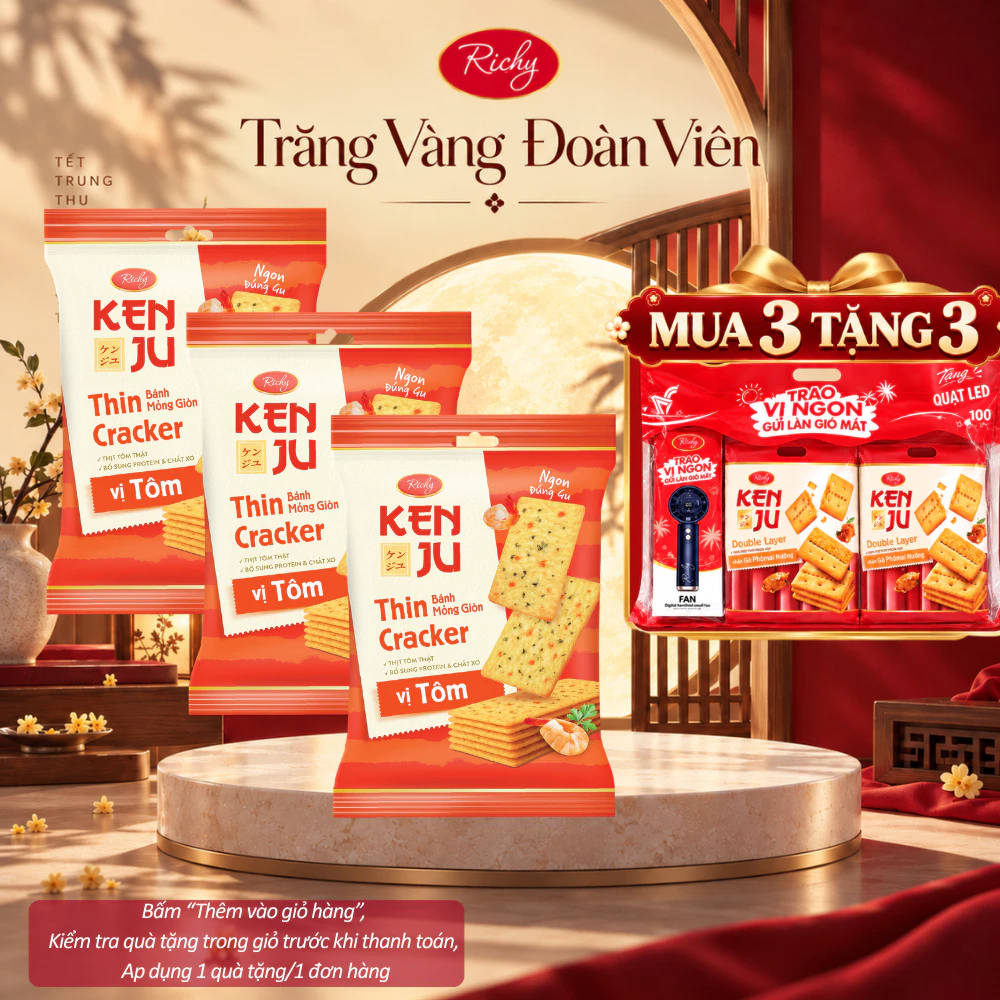 [HỎA TỐC HN] [TẶNG 3 QUÀ] Combo 3 Túi Bánh Quy Richy Kenju Vị Tôm Mới Giòn Rụm 192g