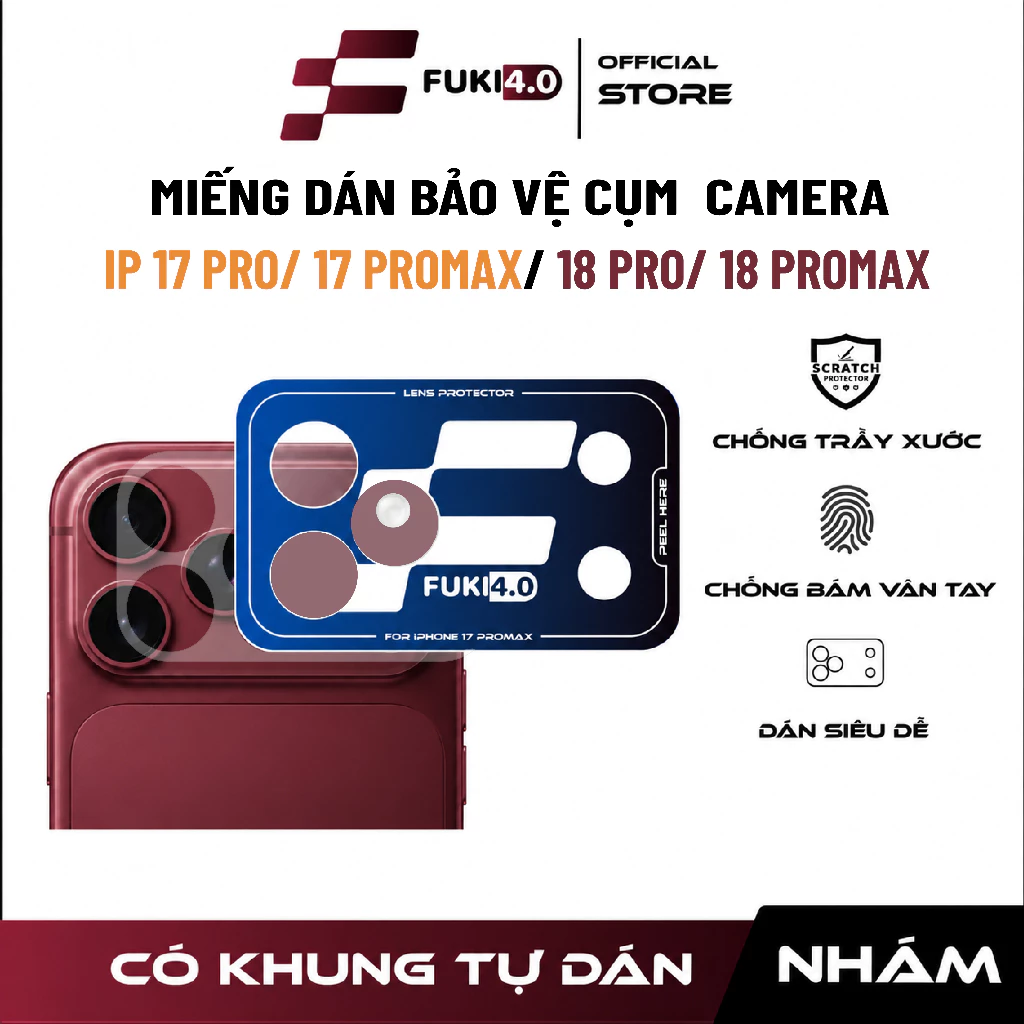 Miếng dán bảo vệ viền camera FUKI 4.0 có khung tự dán cho Iphone 18 promax 18 pro 17 Promax 17 Pro