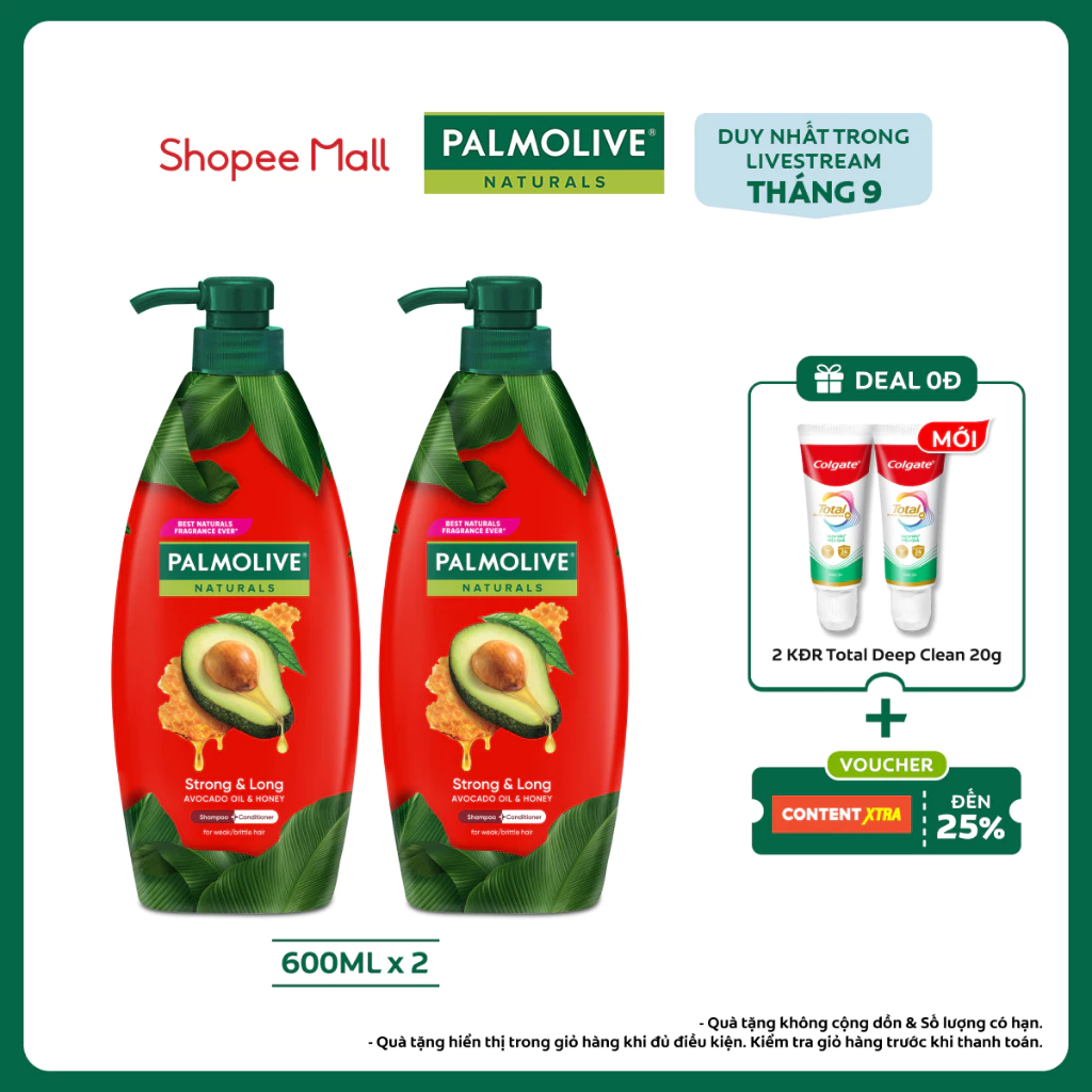 [Livestream] Bộ 2 Dầu gội Palmolive kèm kèm xả 2 trong 1 chiết xuất thiên nhiên 600ml