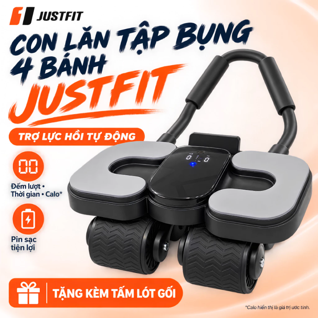 Máy Tập Bụng Màn Hình LCD JUSTFIT 4 Bánh Trợ Lực, Theo Dõi Tập Luyện, Tập Core Tại Nhà