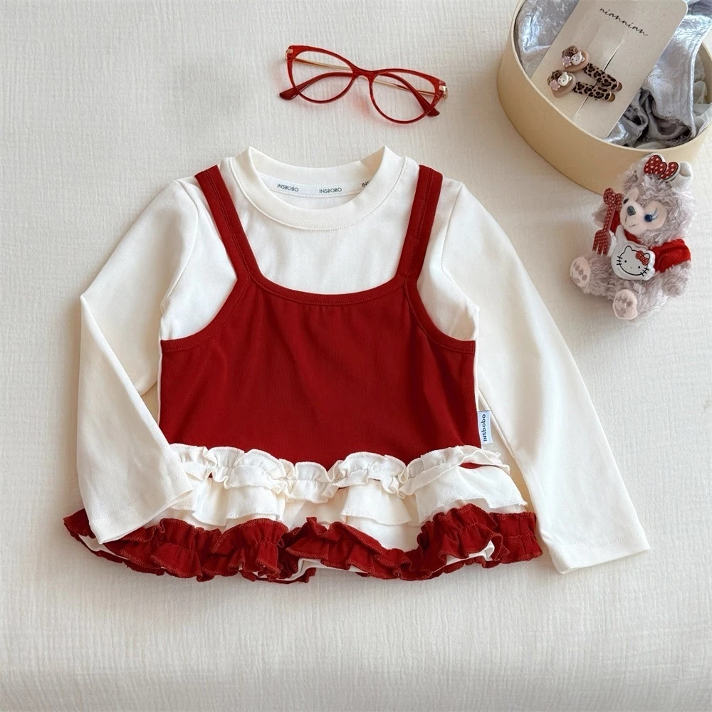 Áo thun dài tay bé gái thiết kế giả yếm phối tà bèo 3 tầng, áo babydoll thu đông H&2T Baby Kid