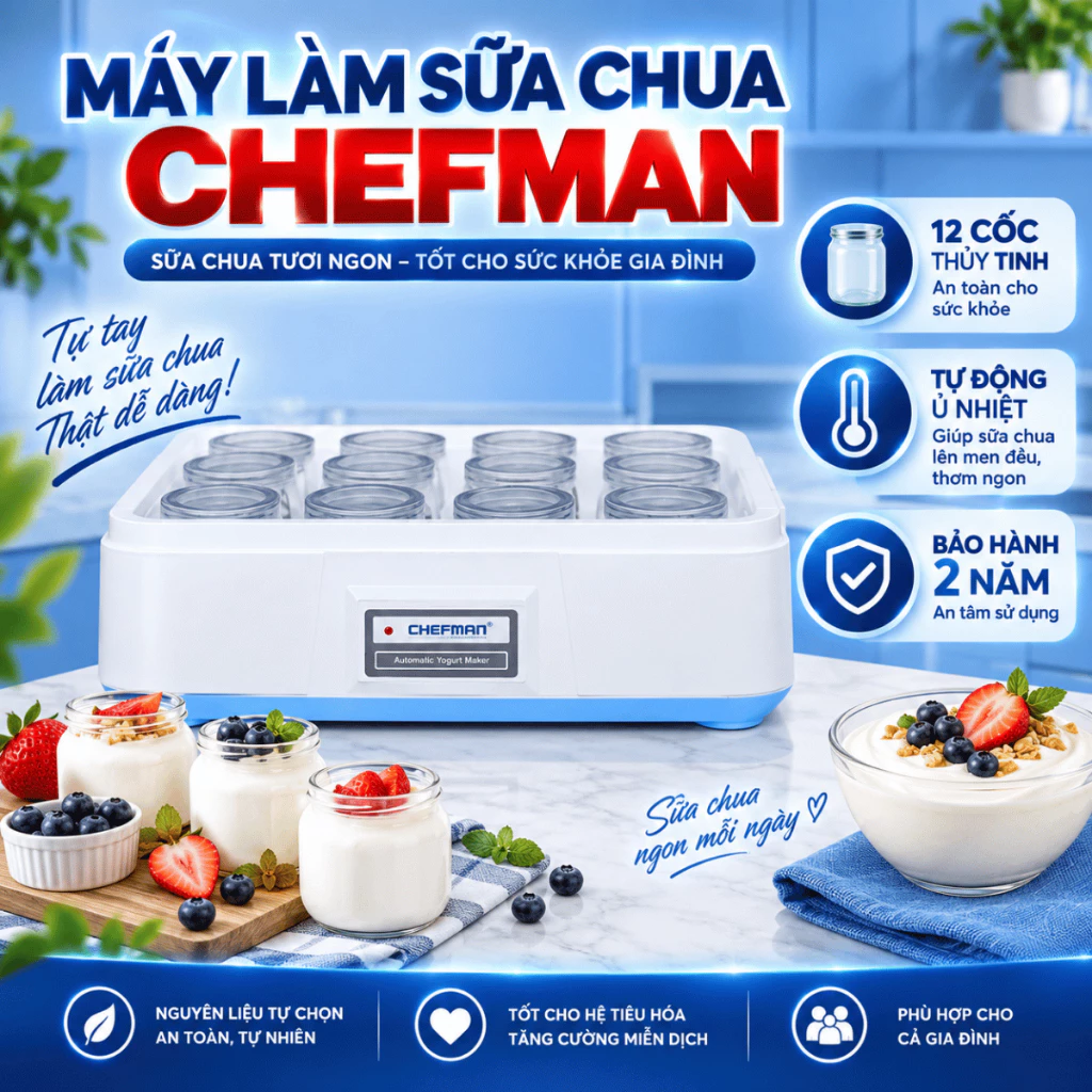 Máy Làm Sữa Chua CHEFMAN,Máy Ủ Sữa Chua Tự Động,12 Cốc Thủy Tinh Cao Cấp,Làm Sữa Chua Tại Nhà,Bảo Hành 24 Tháng