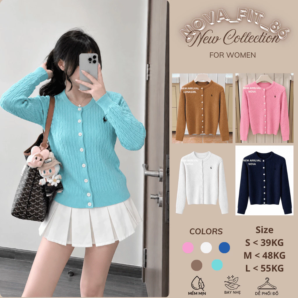 Áo Cardigan Len Nữ Cổ Tròn Dệt Vặn Thừng Dày Dặn, Áo Khoác Len Cài Cúc Dáng Ngắn Hàn Quốc