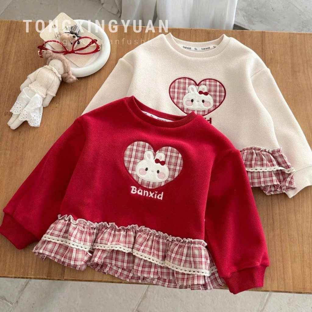 Áo nỉ bé gái dài tay thêu hình thỏ phối tà bèo caro viền ren xinh xắn thu đông H&2T Baby Kid