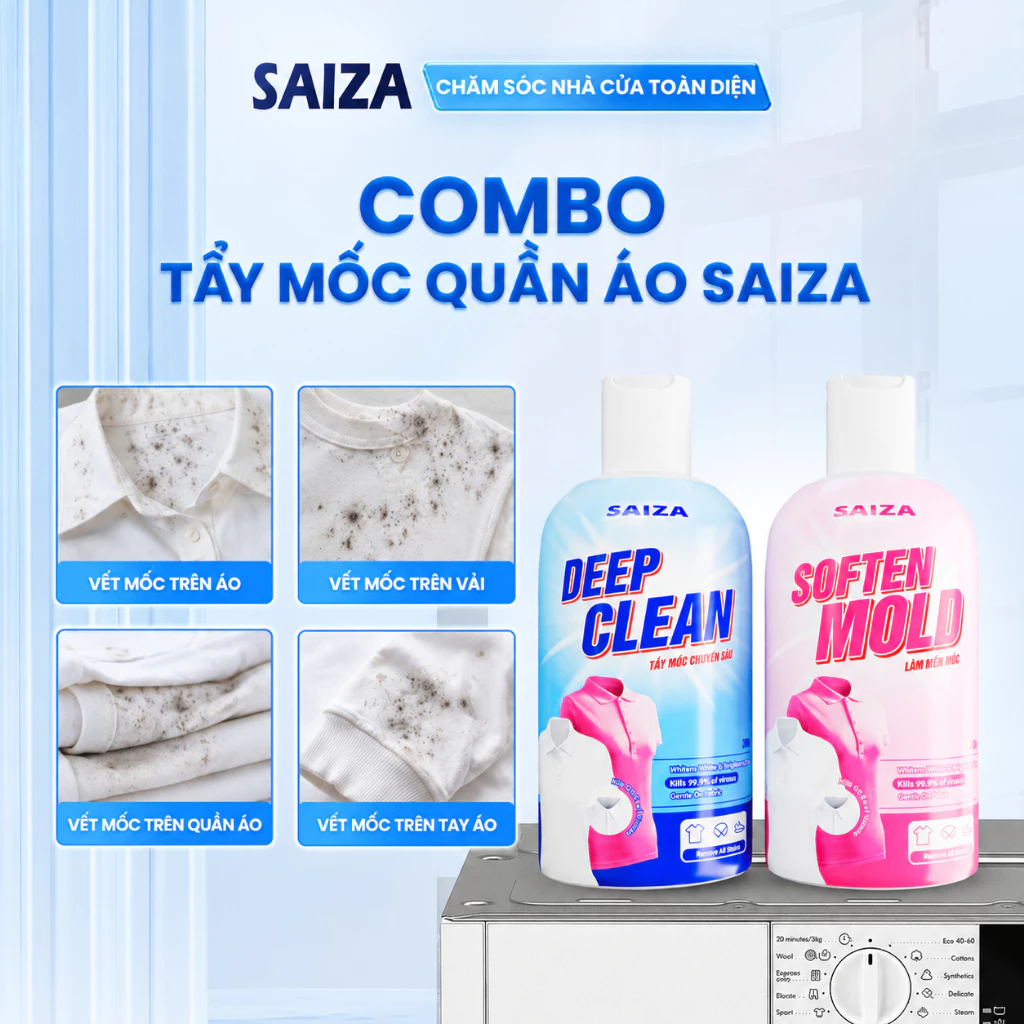 Combo Tẩy Mốc Quần Áo SAIZA Làm Sạch Vết Ố Vàng, Vết Mốc, Thâm Kim, Vết Bẩn Dầu Mỡ, Giữ Nguyên Màu Vải