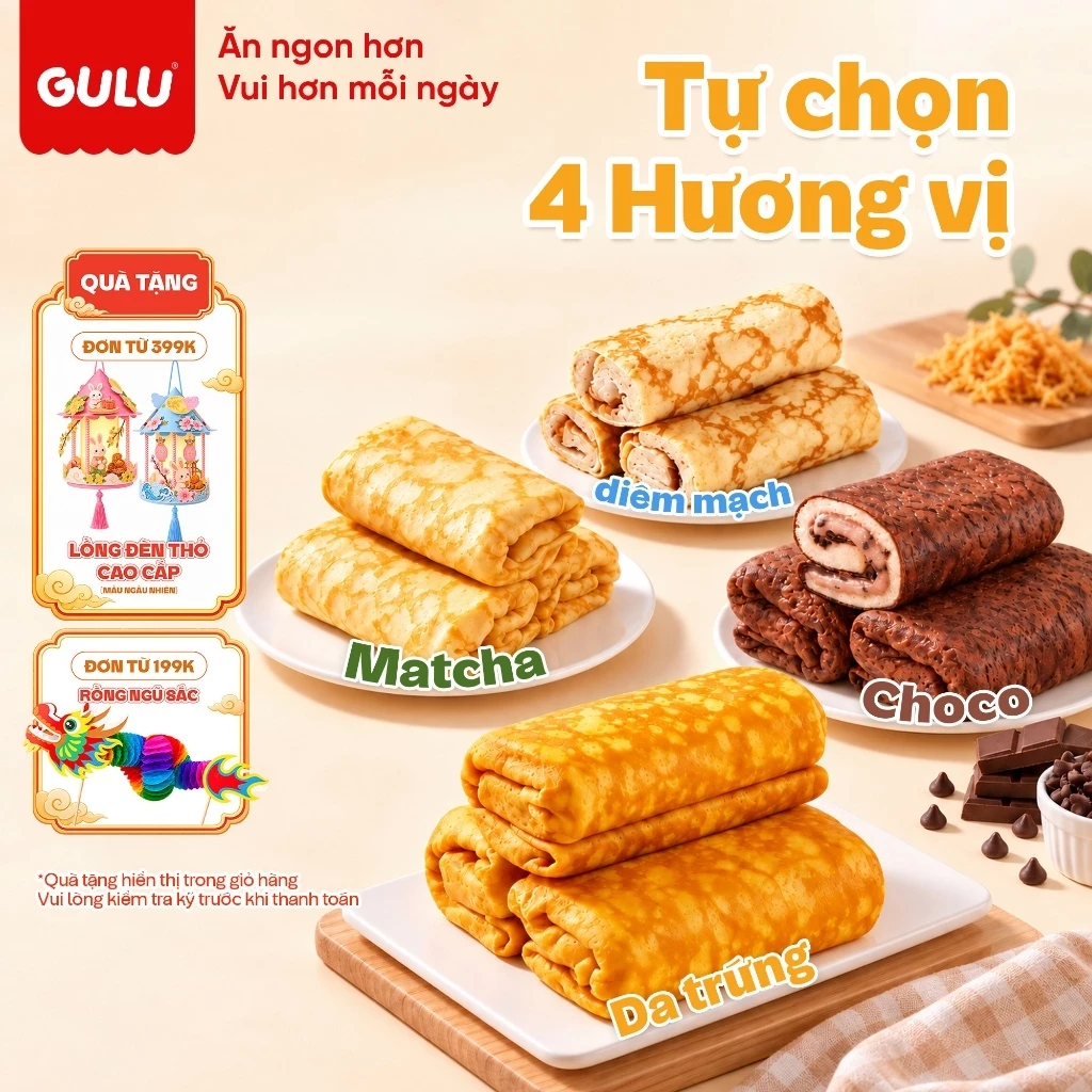 [Tổng Hợp] Bánh Cuộn Dinh Dưỡng Ăn Sáng GULU FOODS (Da Trứng, Diêm Mạch, Choco, Matcha, Ruốc)