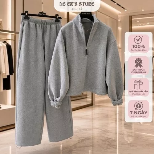 Bộ nỉ nữ dài tay quần ống suông chất nỉ cotton dày mịn, set đồ nỉ nữ mùa đông basic năng động-B59