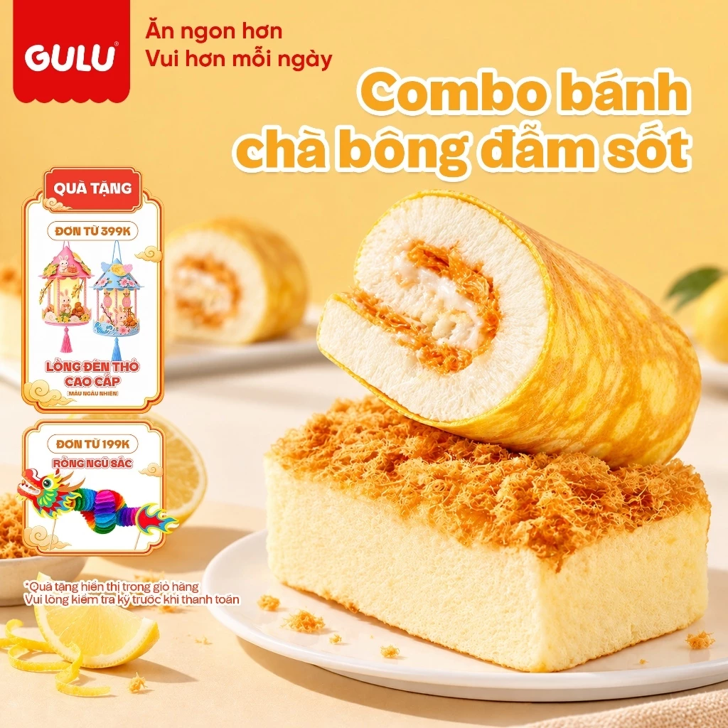 [Combo Chà Bông] Bánh Ruốc Bồng Bềnh Và Bánh Da Trứng Cuộn Kem Tươi Chà Bông Gulufoods
