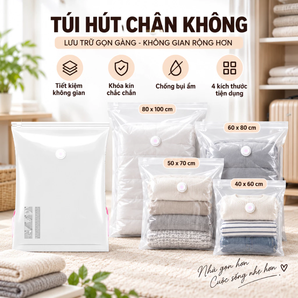 Combo túi hút chân không đa năng, đựng quần áo chăn gối, PA-PE dày dặn, trong suốt, chống ẩm mốc, tái sử dụng