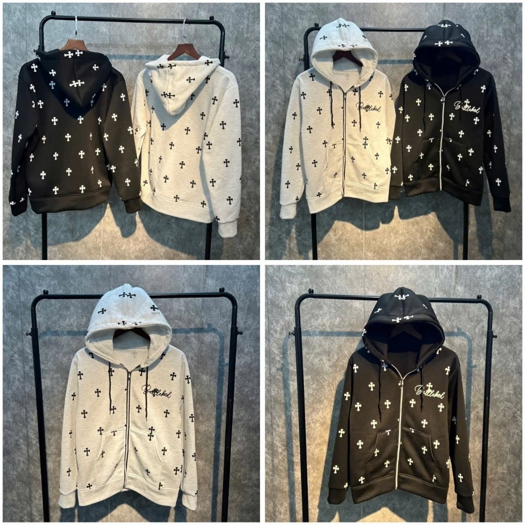 Áo khoác nỉ hoddie kéo khóa in fulll chữ thập, chất nỉ cotton tàu, fom 40-78kg dành cho mùa đông ấm áp