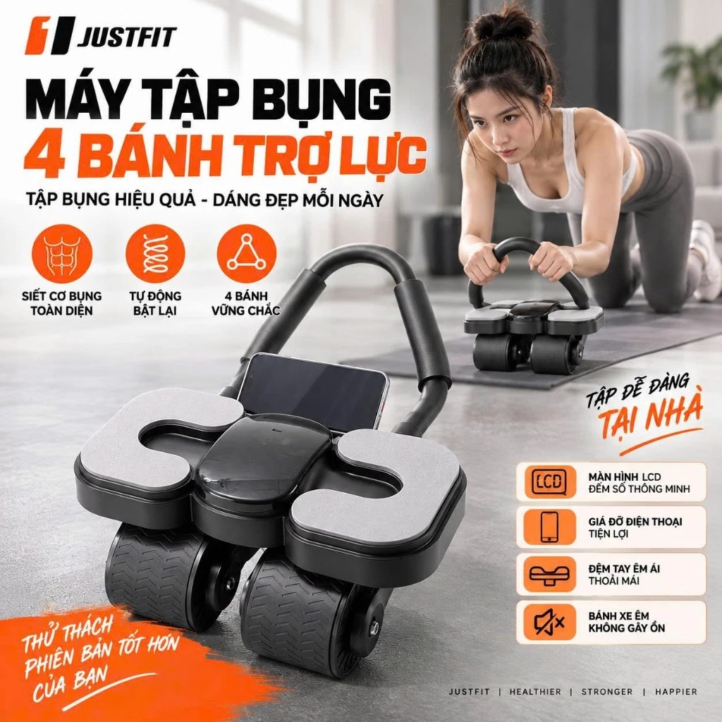 Máy Tập Bụng 4 Bánh Trợ Lực JUSTFIT, Tự Động Bật Lại, Màn Hình LCD Đếm Số, Tay Cầm Chữ U, Tập Cơ Bụng Tại Nhà