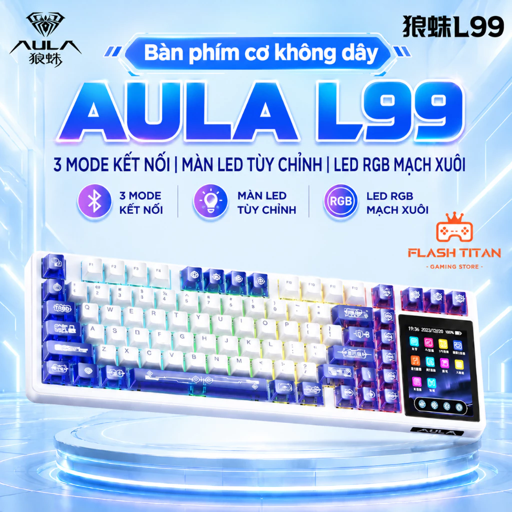 Bàn phím Cơ Không Dây Bluetooth AULA L99 Cao Cấp, Có 3 chế độ kết nối - Màn LED Cảm Ứng Hiện Đại - Bảo hành 12 tháng