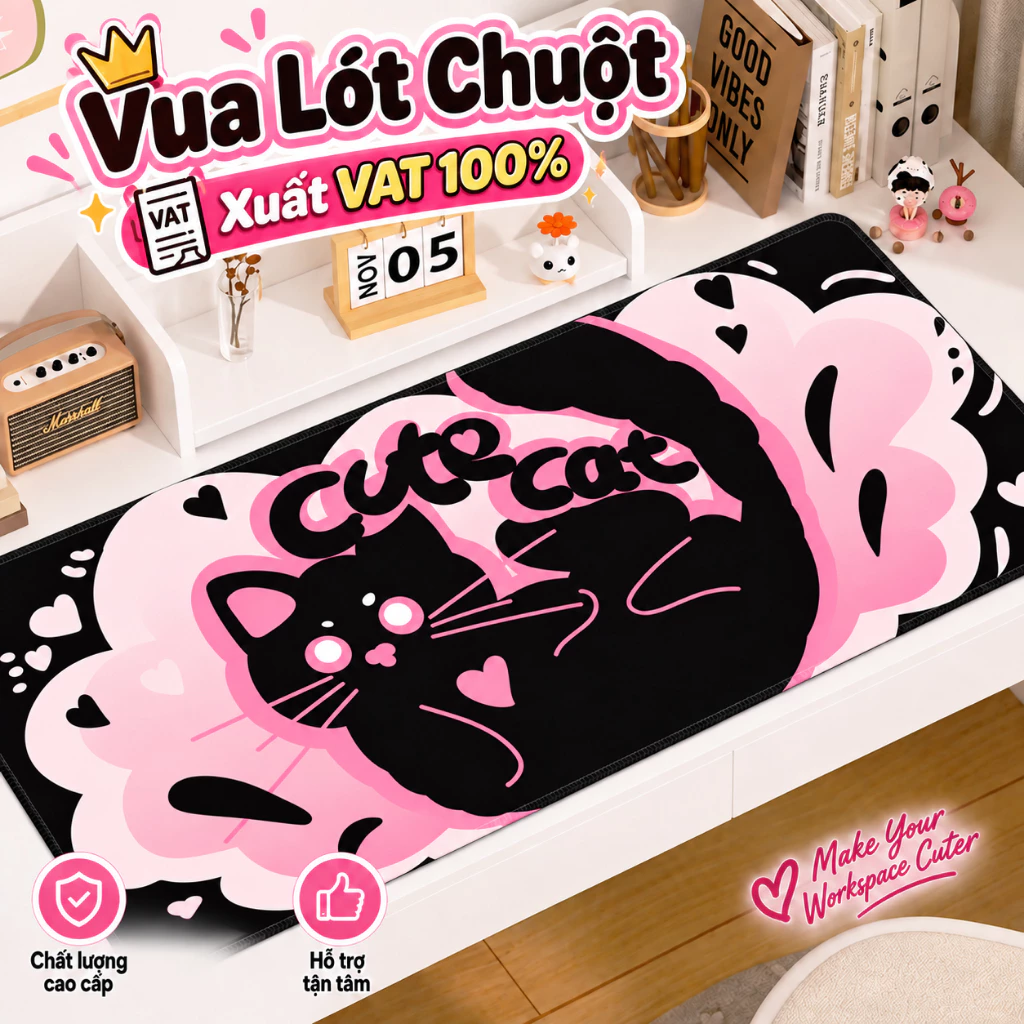 Pad chuột mèo đen dễ thương full size, Lót chuột máy tính cute cho bàn làm việc , Miếng lót chuột cho nữ sinh