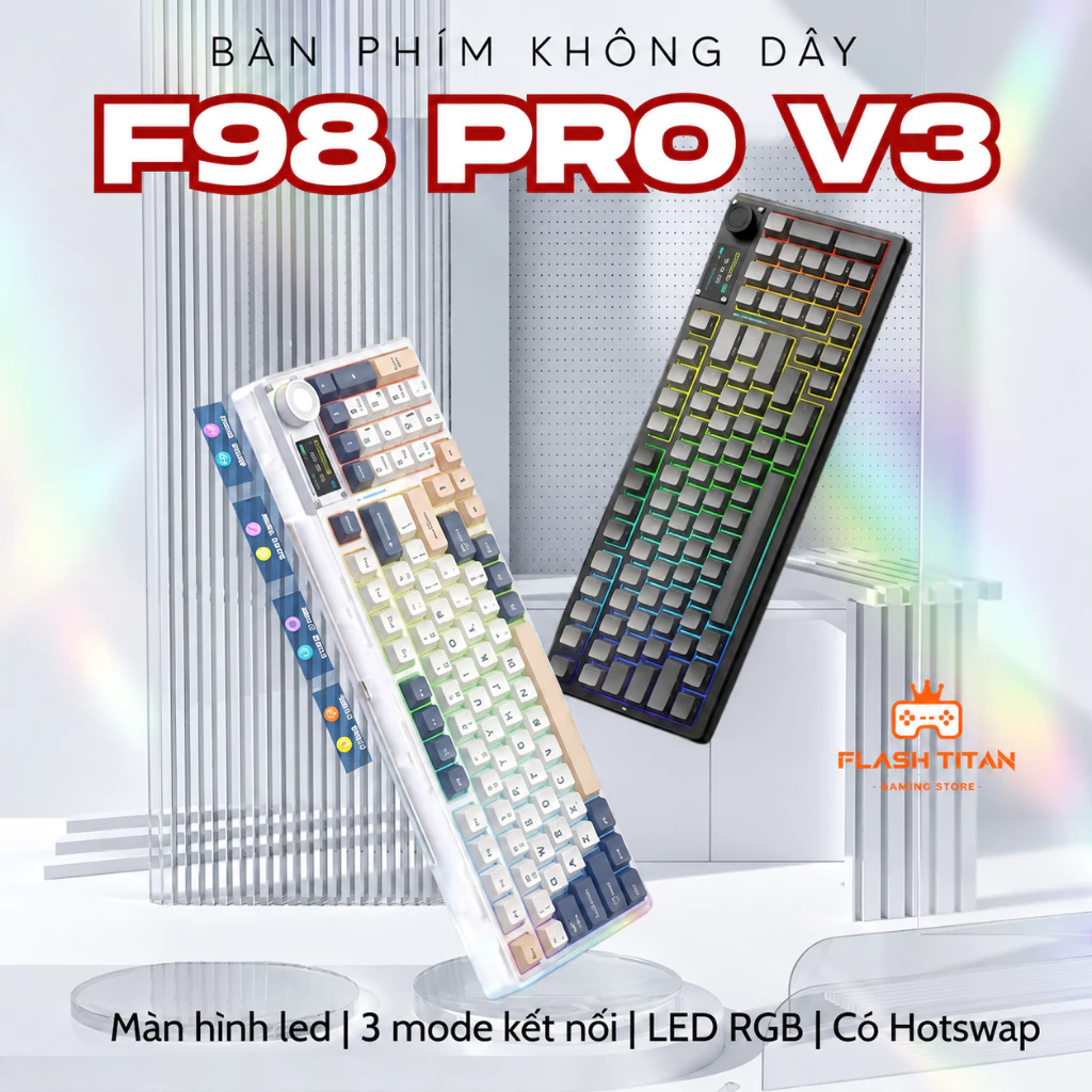 Bàn phím cơ bluetooth AULA F98 PRO V3 fullsize Không Dây,Có màn hình LCD chỉnh Gif, Núm xoay âm lượng dùng cho PC,laptop
