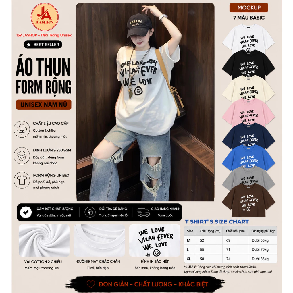 Áo Thun form rộng  nam nữ Unisex, Áo Phông nữ LOVE vải 100% Cotton cao cấp Định Lượng 250gsm