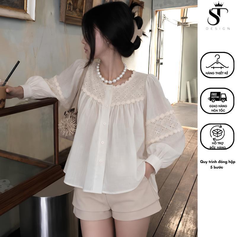 Áo sơ mi dáng babydoll phối ren sang chảnh 2 màu be, trắng - ST Design - 111